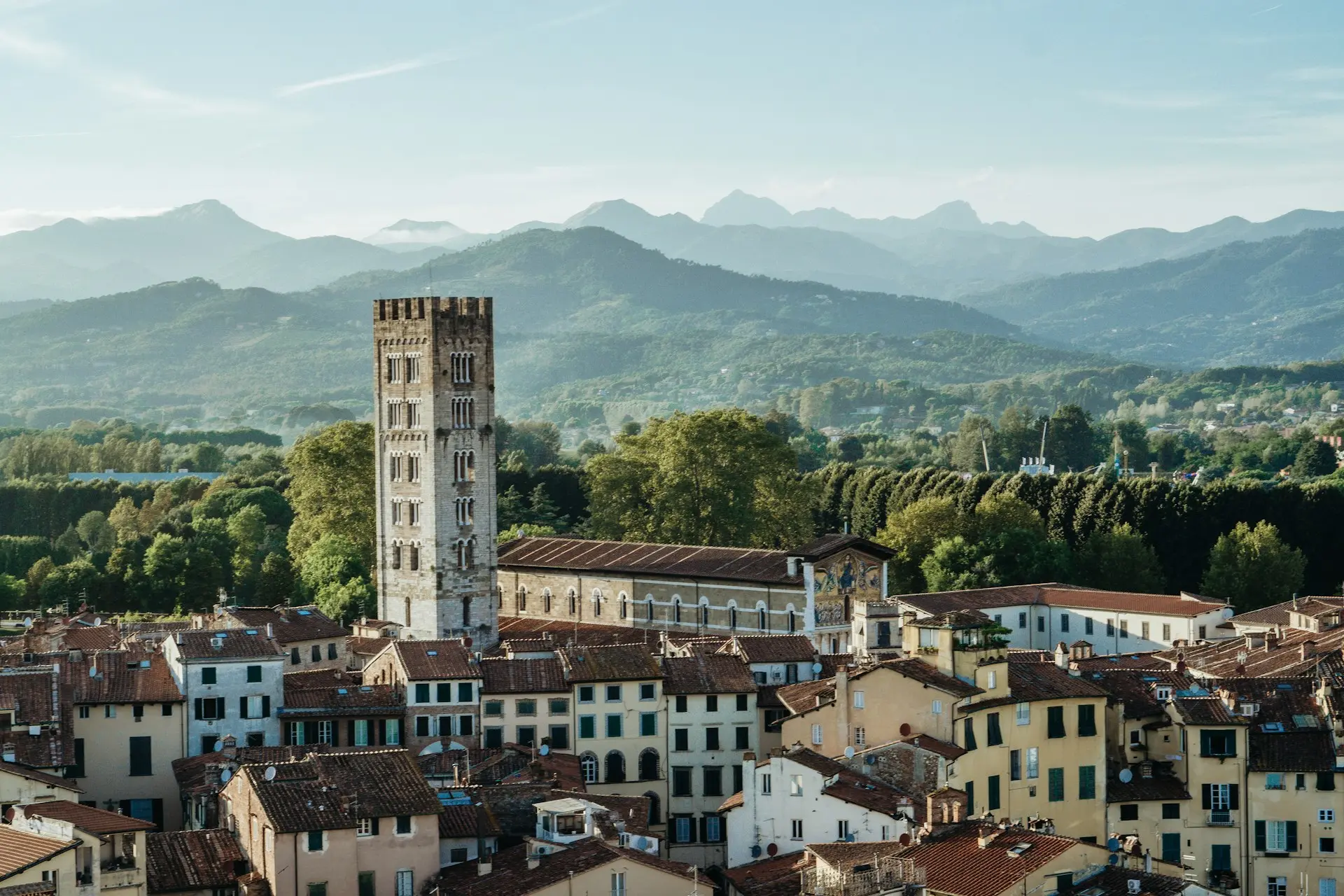 a view of a city with mountains in the background